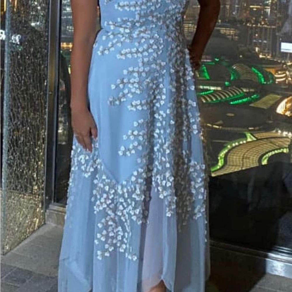 BCBG Embellished Blue Strapless Cocktail Gown